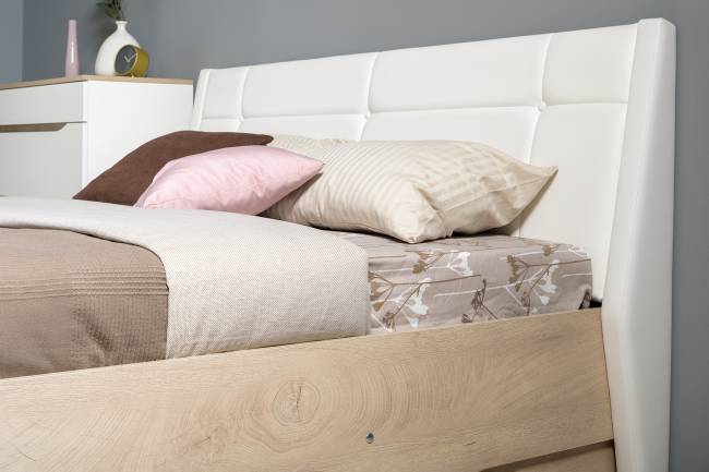 Мебель в спальню Муссон № 5 цвет белый/дуб эндгрейн элегантный/искусственная кожа белая, кровать с подъёмным механизмом 1600