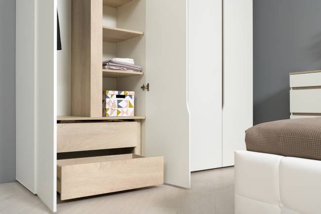 Мебель в спальню Муссон № 5 цвет белый/дуб эндгрейн элегантный/искусственная кожа белая, кровать с подъёмным механизмом 1600