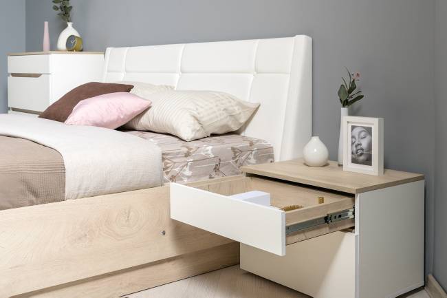 Мебель в спальню Муссон № 5 цвет белый/дуб эндгрейн элегантный/искусственная кожа белая, кровать с подъёмным механизмом 1600