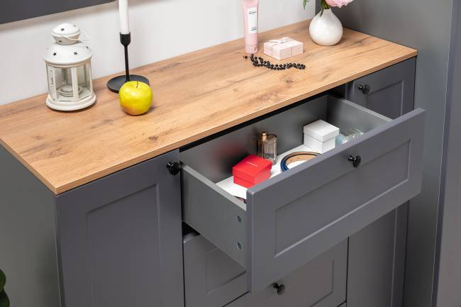 Комод четыре ящика с настенной вешалкой и двумя платяными шкафами Остин цвет серый графит/дуб крафт золотой