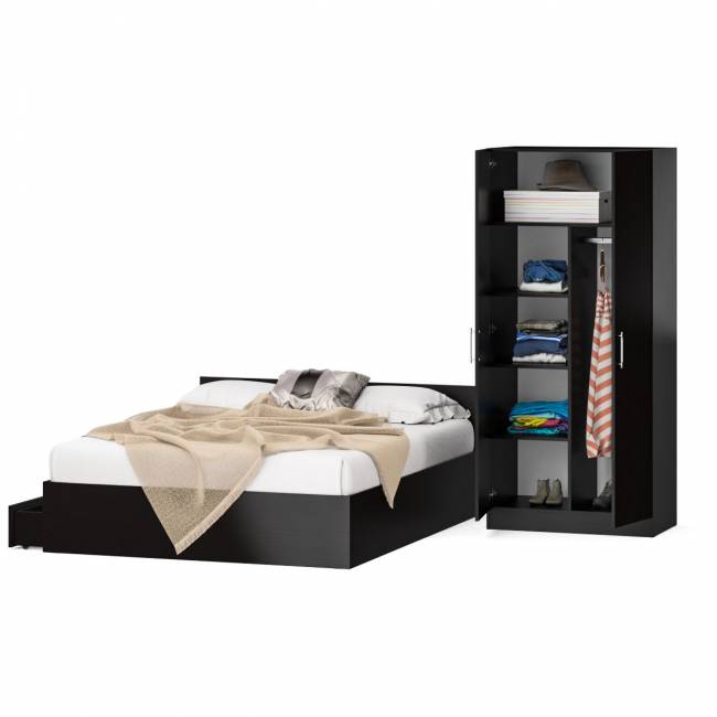 Двуспальная кровать с ящиками 1600 со шкафом для одежды 2-х створчатым Стандарт цвет венге