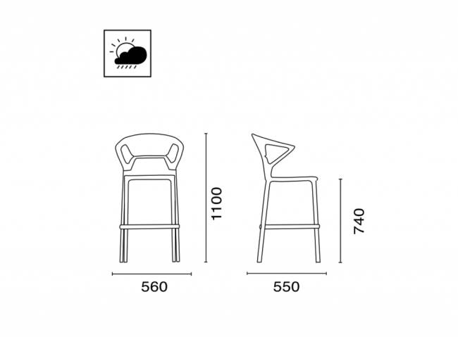 Кресло пластиковое барное Ego-K Bar сатинированный алюминий, белый, дымчатый 560х550х1100 мм
