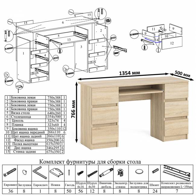 Компьютерный стол с двумя тумбами Мори МС-2 цвет дуб сонома
