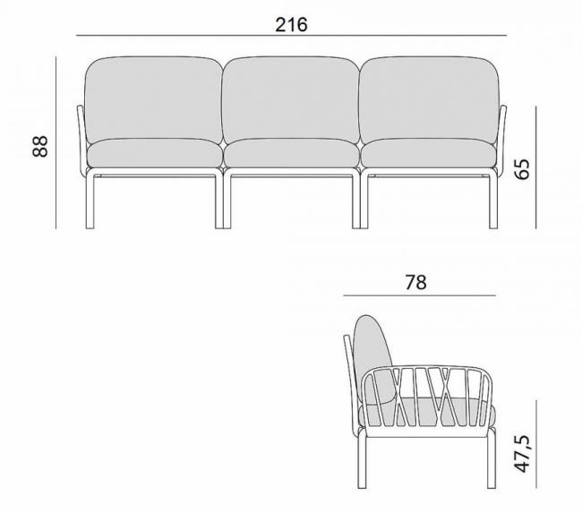 Диван пластиковый с подушками Komodo 3 антрацит, серый 2160х780х880 мм