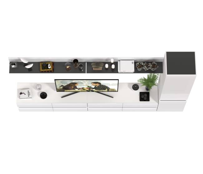 Две ТВ-тумбы с двумя навесными полочками и шкафом с полками Сидней цвет белый/чёрный/МДФ белый глянец Две ТВ-тумбы с двумя навесными полочками и шкафом с полками Сидней цвет белый/чёрный/МДФ белый глянец