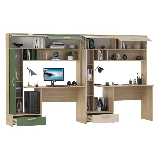 Письменные столы для двоих человек Лайт 03.243Н с открытыми полочками цвет плэйн/дымчатый зелёный/плэйн/сатин Письменные столы для двоих человек Лайт 03.243Н с открытыми полочками цвет плэйн/дымчатый зелёный/плэйн/сатин