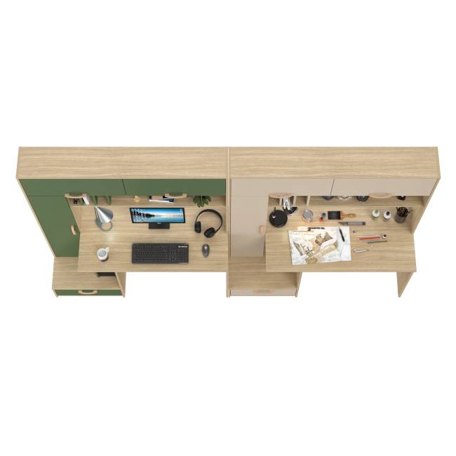 Письменные столы для двоих человек Лайт 03.243Н с открытыми полочками цвет плэйн/дымчатый зелёный/плэйн/сатин Письменные столы для двоих человек Лайт 03.243Н с открытыми полочками цвет плэйн/дымчатый зелёный/плэйн/сатин
