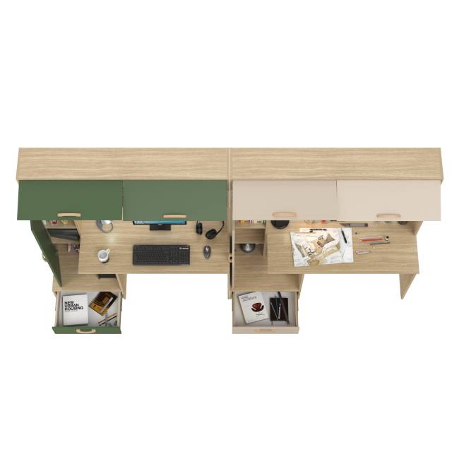 Письменные столы для двоих человек Лайт 03.243Н с открытыми полочками цвет плэйн/дымчатый зелёный/плэйн/сатин Письменные столы для двоих человек Лайт 03.243Н с открытыми полочками цвет плэйн/дымчатый зелёный/плэйн/сатин