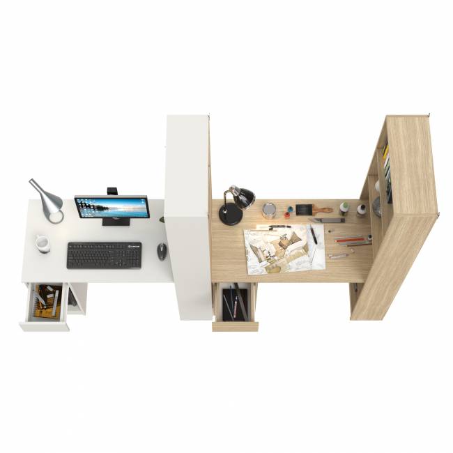 Два письменных стола Лайт 10.01 со шкафом с полками цвет белый гладкий/плэйн