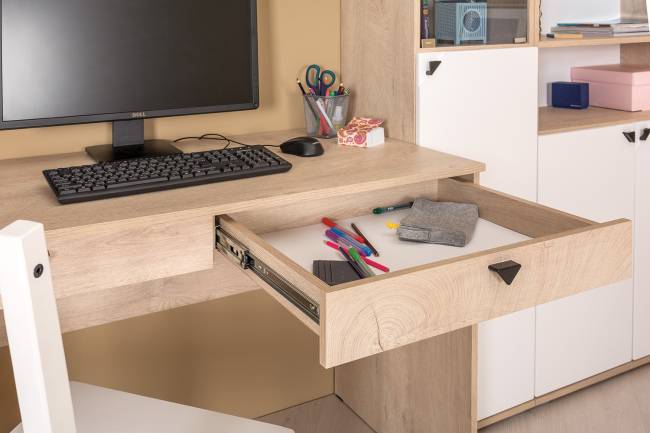 Кровать Муссон с подъёмным основанием и туалетным столиком цвет дуб эндгрейн элегантный/искусственная кожа белая