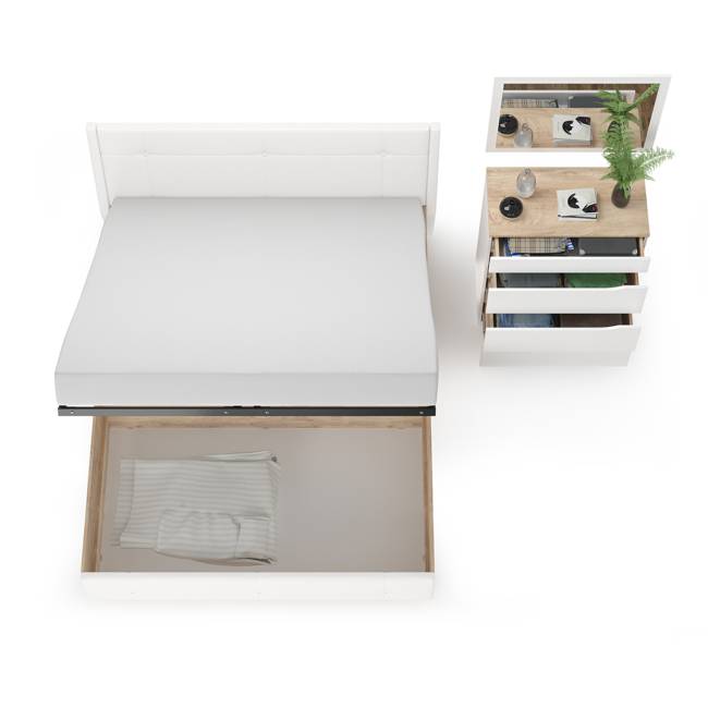 Кровать с подъёмным ортопедом 1600 и комод с зеркалом Муссон цвет белый/дуб эндгрейн элегантный/кожзам белый
