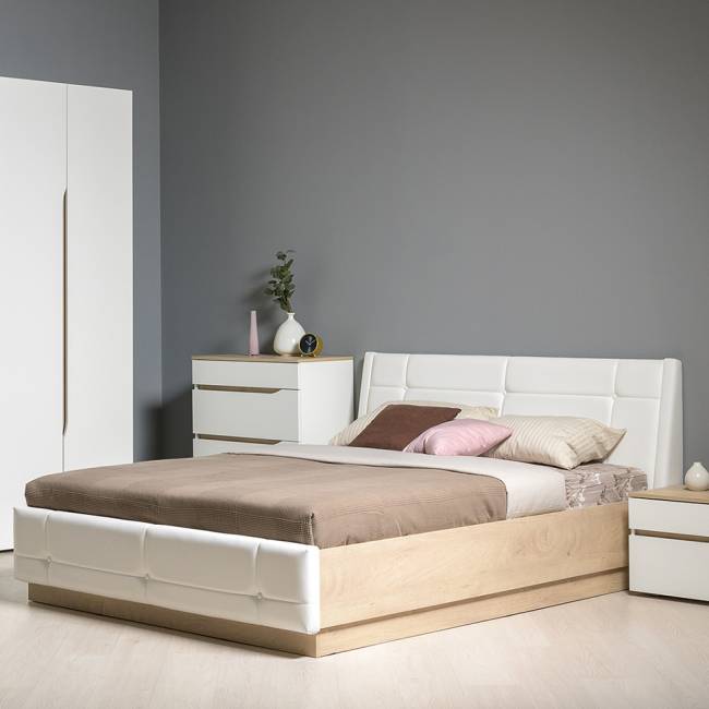 Комод Муссон с кроватью 1600 с подъёмным основанием цвет белый/дуб эндгрейн элегантный/кожзам белый