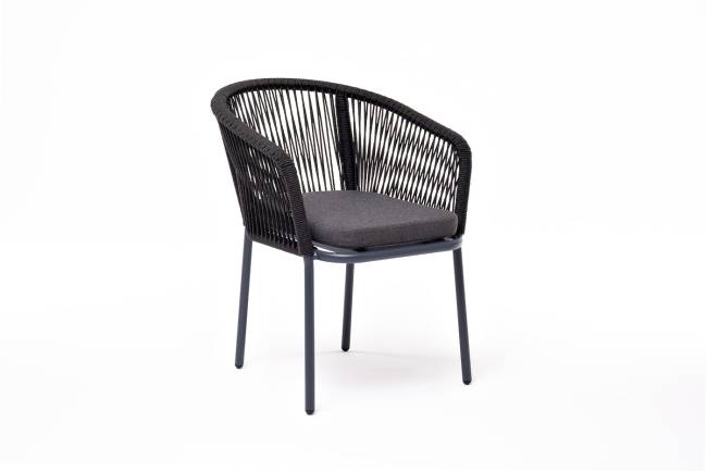 "Марсель" стул плетеный из роупа, каркас алюминий темно-серый (RAL7024) муар, роуп темно-серый круглый, ткань темно-серая 027